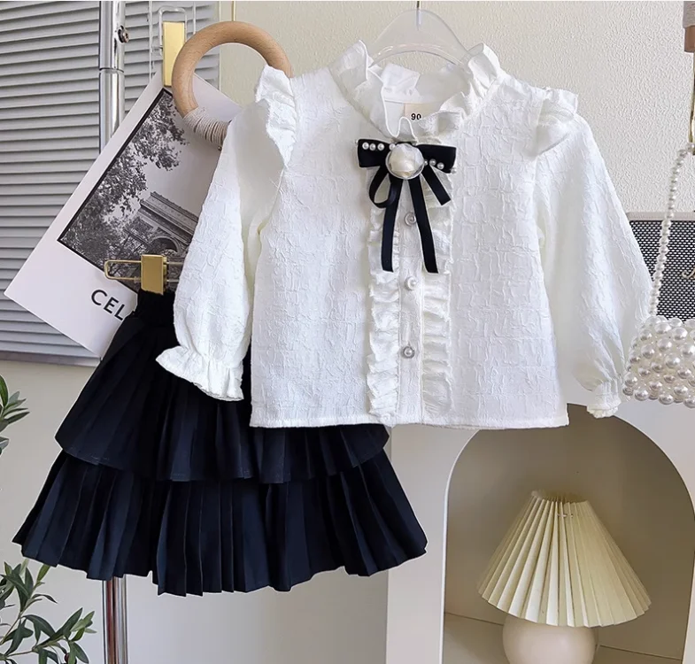 

Retail 2023 New Baby Girls Fall Elegant Sets Bow White Blouse + Skirts Princess Sweet Suits 2-7T