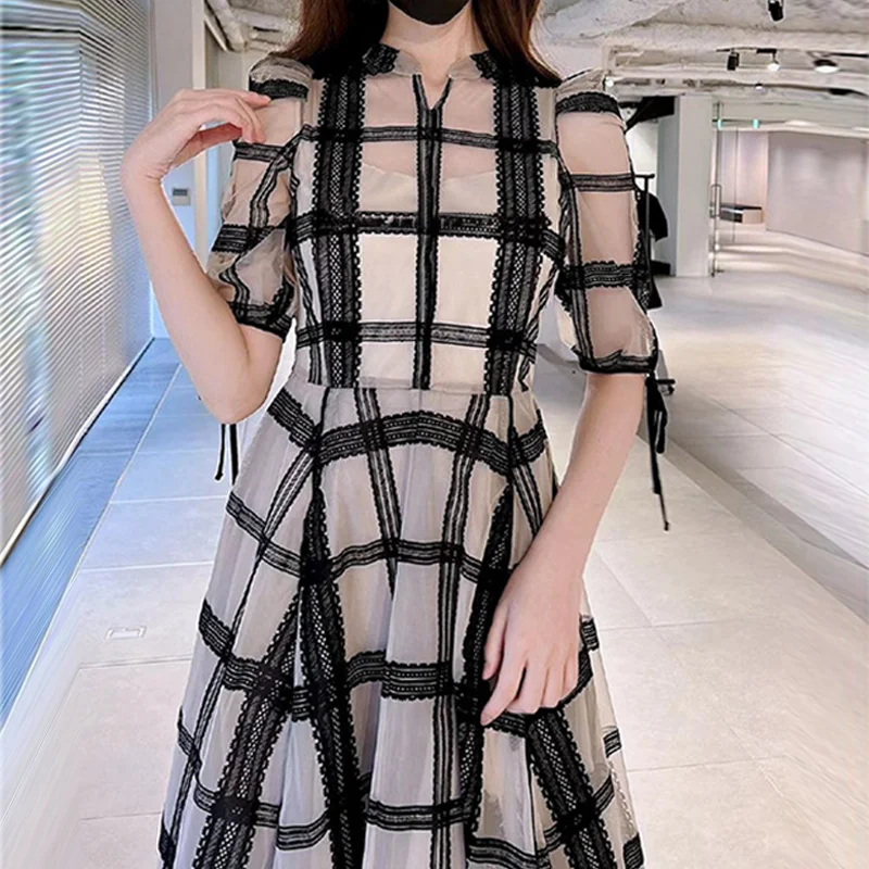 Fashion Robe Femme 2022 Early Autumn New Women Vestidos Sweet Puff Sleeves Lace Up High Waist Plaid Tulle Dress