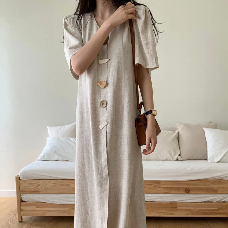 

Khaki Korean Vintage Japanese Chic Button Over-the-knee Dress 2023 Summer Short-sleeved Loose Wasit Basic Loose Dress