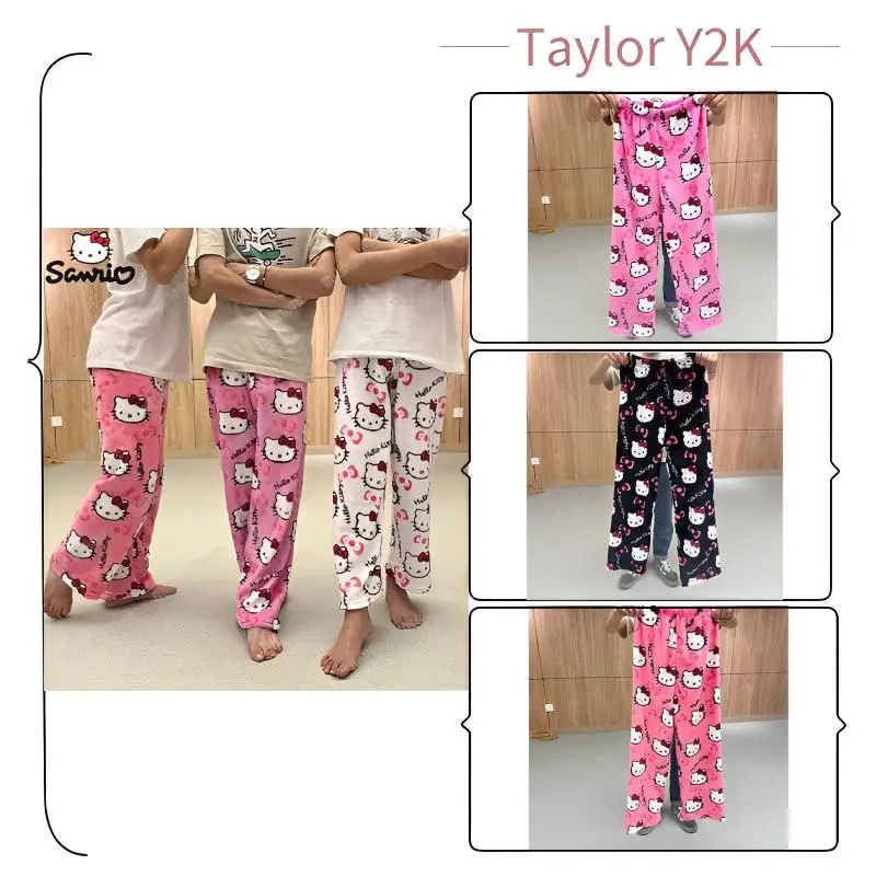 

Kawaii Hello Пижама Kitty аниме фигурка Sanrios Y2K плюшевые брюки модные повседневные домашние женские брюки Санты низ одежда подарок