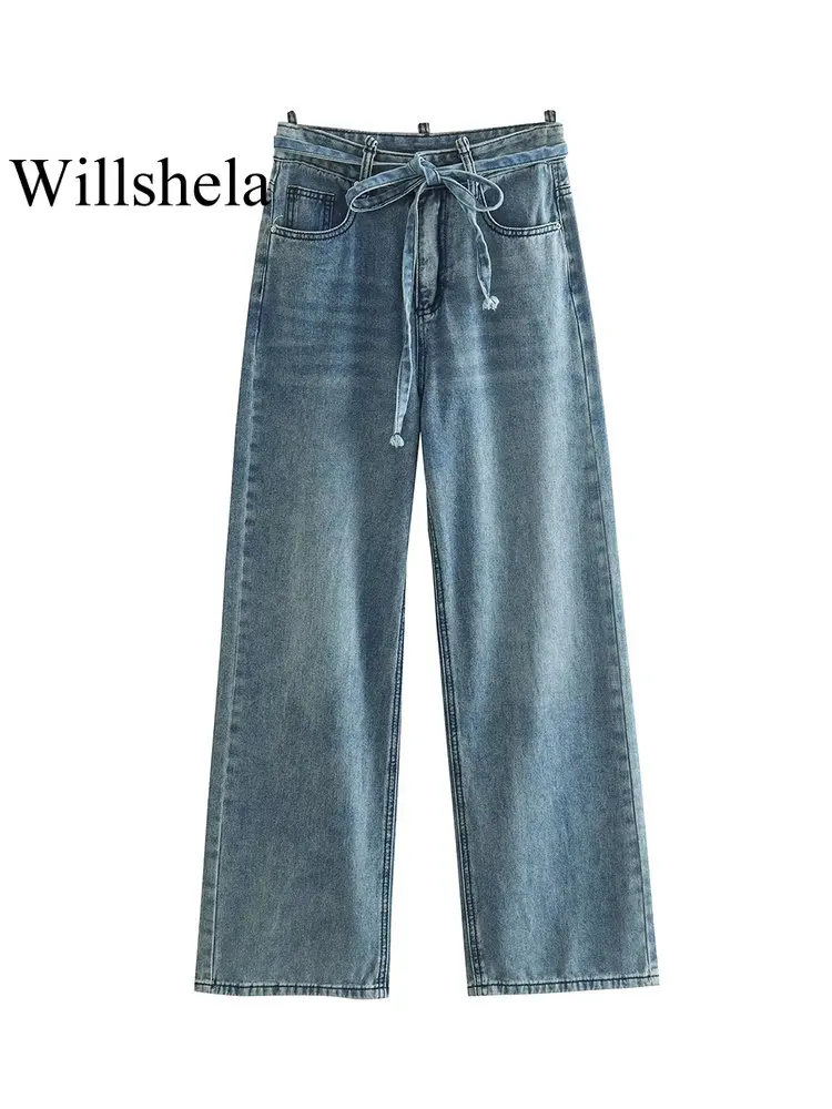 

Willshela Women Fashion With Belt Denim Solid Front Zipper Straight Jeans Vintage High Waist Full Length Female Chic Trousers