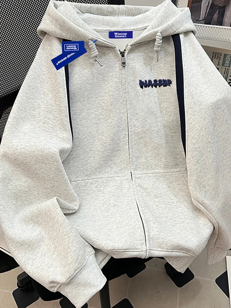 Wassup American vintage Contrast Color Cardigan Hoodie Men's Autumn and Winter New Overfit jacket Couple look Outerwear