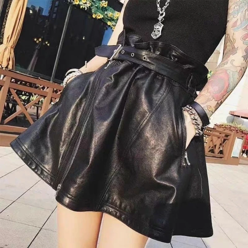 Autumn Women Style Short Skirt Female High Waist Genuine Real Leather Skirt Ladies Black Casual Short Loose A-line Skirts G284