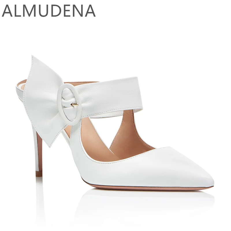 

Pointed Toe Thin Heel Women Mules Outside Wedding Shoes Solid Pleated Super High Heel Buckle Shoes Women Mature Slippers Shoes
