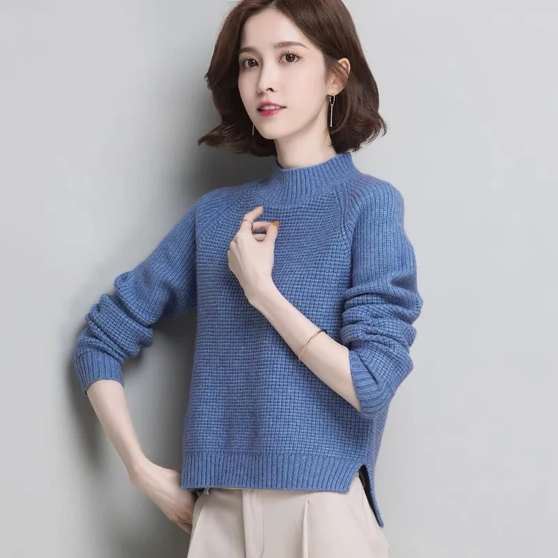 

Spring Autumn New Half Turtleneck Knitted Sweater Solid Color Casual Fashion Knit Pullover Korean Fashion Full Sleeve Women Top
