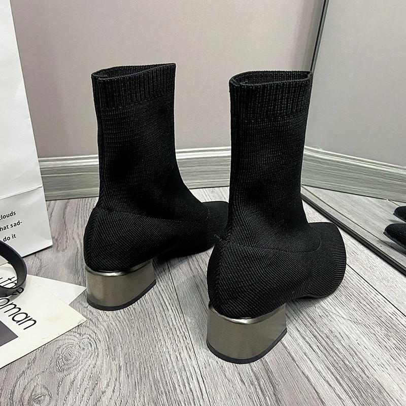 Women's Dress Pointed Mid-heeled Short Ankle Boot Female Autumn 2021 2022 Knitted Block Low Heel High Socks Boots Shoes Botines