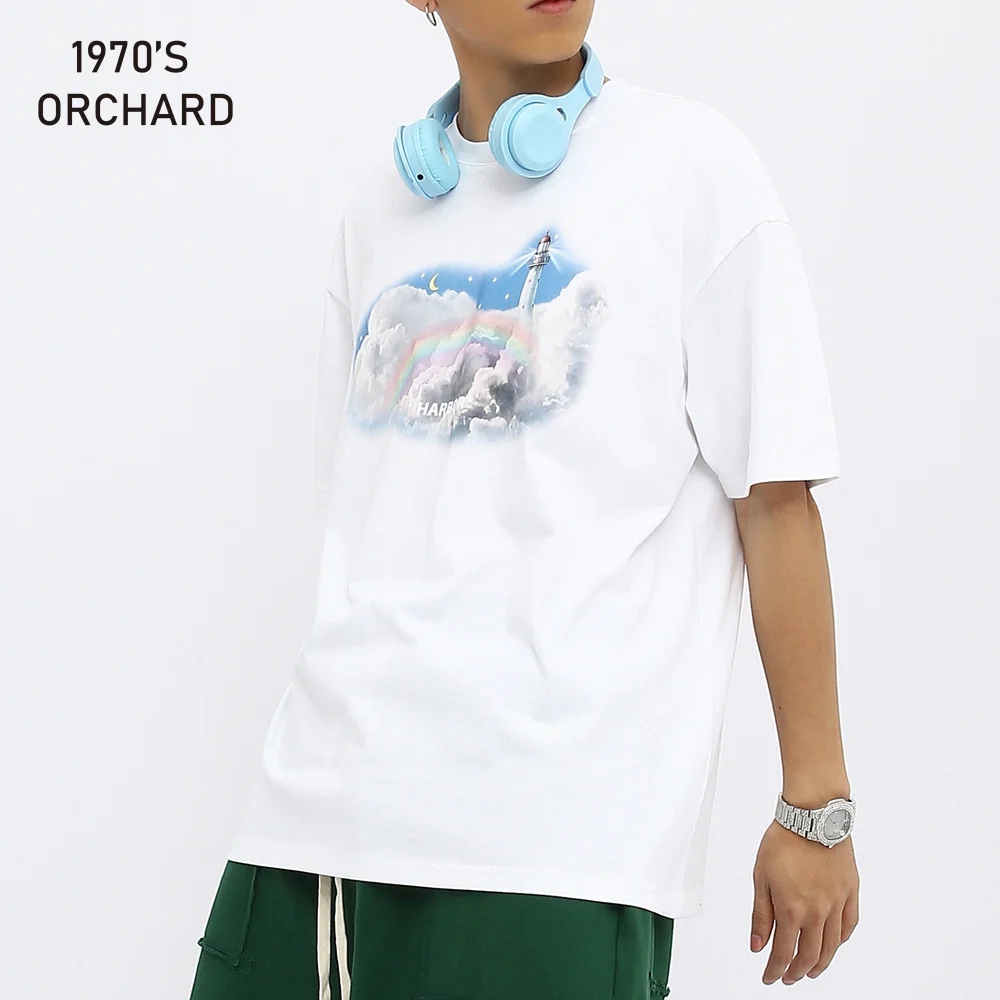 

Rainbow Cloud Print T Shirt for Men O Neck Drop Shoulder Short Sleeve Tops Male Summer Casual Loose Graphic Tees Streetwear
