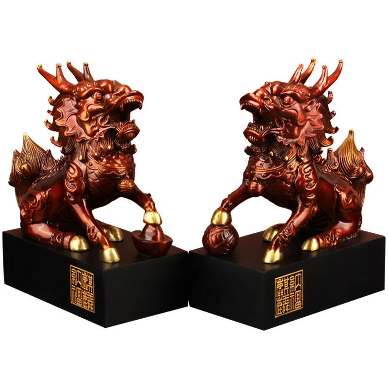 

Copper Fortune Unicorn Decorations a Pair Large Size Male and Female Copper Kylin Gift Son Ingot Hydrangea Home Living Room