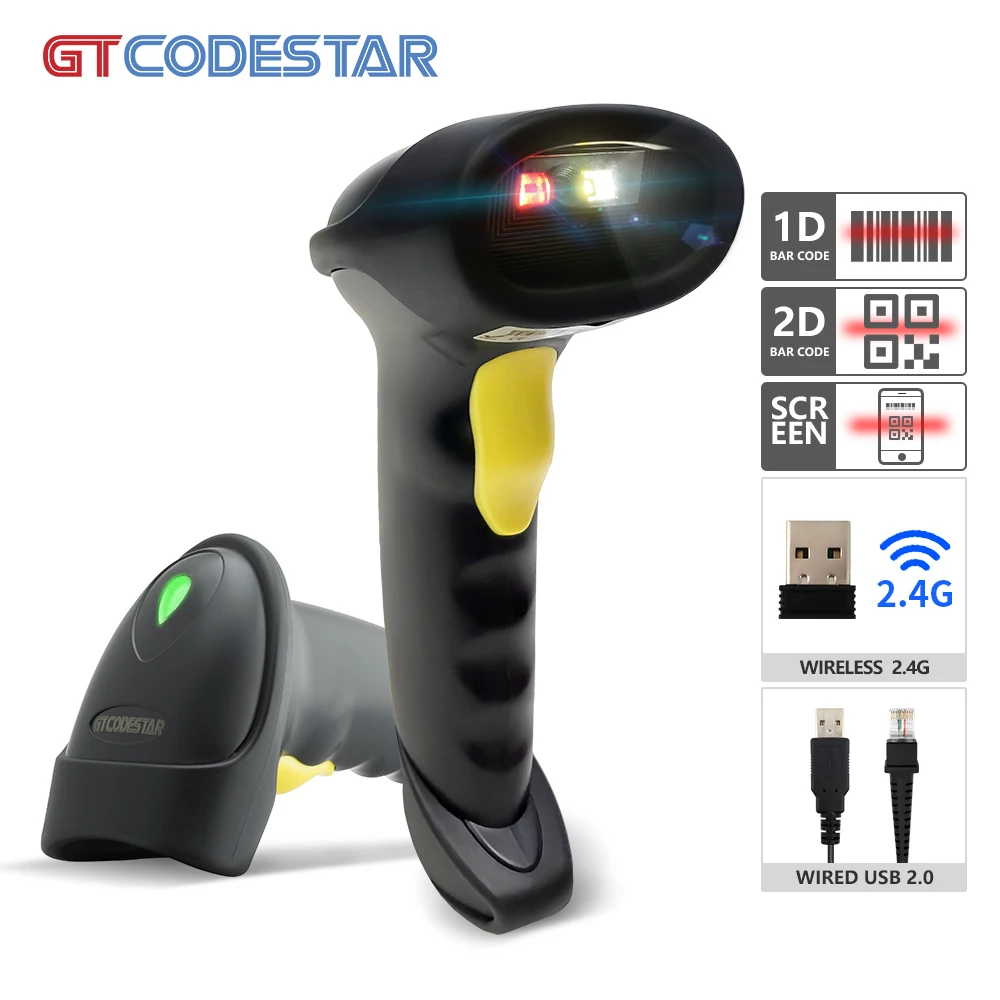 

Портативный беспроводной сканер штрих-кода GTCODESTAR 2D с длинным диапазоном и считывателем Qr-кода, 2,4G