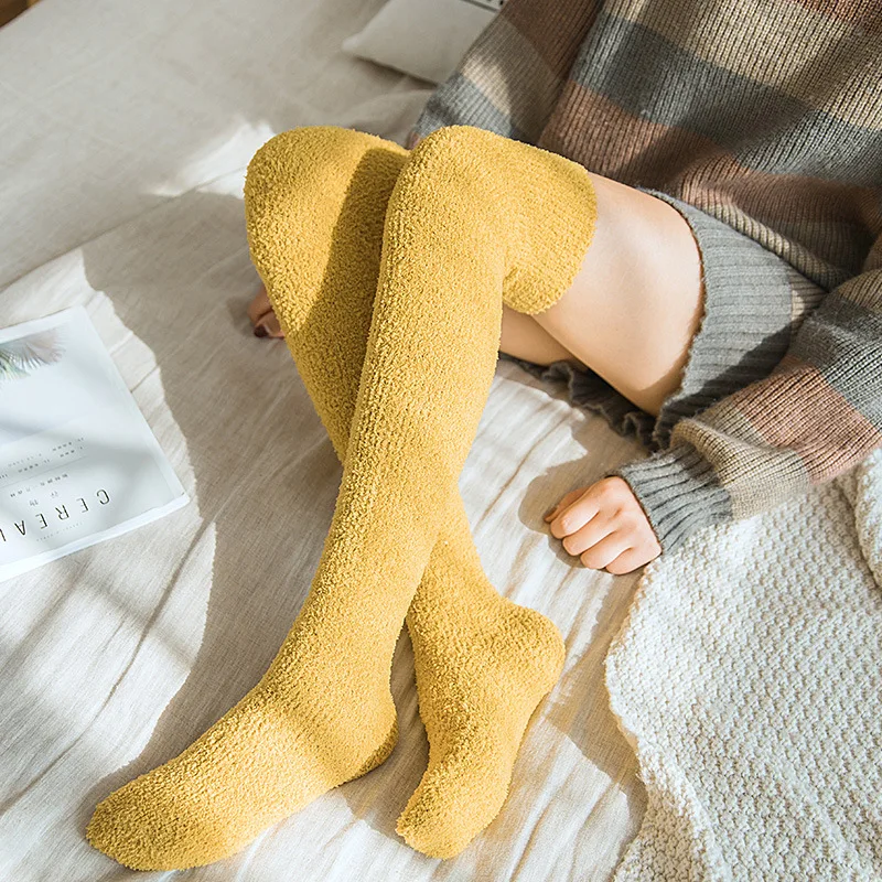 Helisopus New Candy Color Warm Coral Fleece Stockings Coral Cashmere Thigh High Stockings Winter Female Soft Fluffy Knee Socks