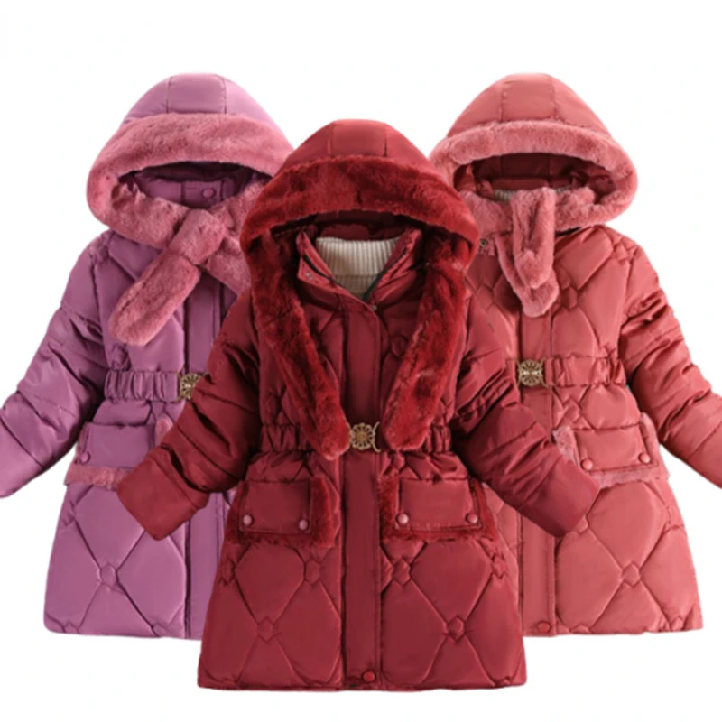 

Children Winter Jacket for Girls Thickened Fleece Scarf Down Coat Warm Hooded Outerwear Clothing Teenage Kids Parka Snowwear