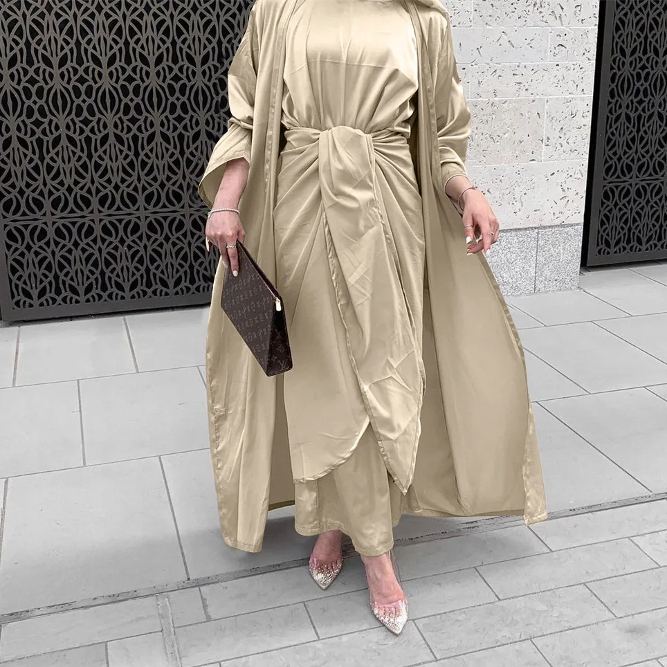3 Piece Silky Abaya Set Plain Matching Outfit Women Muslim Fashion Dubai Saudi Modesty Open Kimono Long Dress Wrap Skirt Turkey