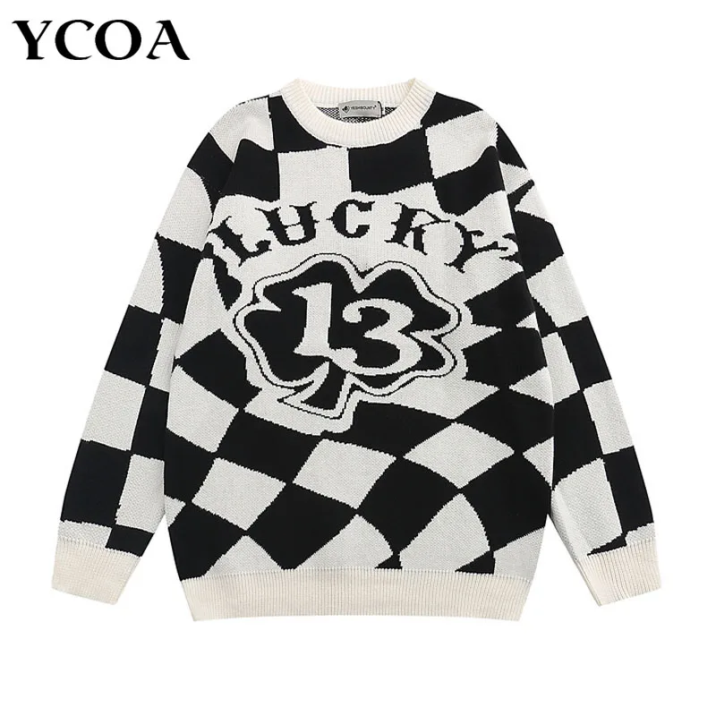 

Женский свитер в клетку, вязаный пуловер оверсайз с длинным рукавом