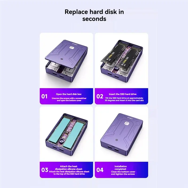 Фото Внешний корпус для SSD-накопителей JEYI с двумя отсеками, встроенным охлаждающим вентилятором, поддержкой NVME RAID, USB3.2, 20 Гбит/с, для ПК №3