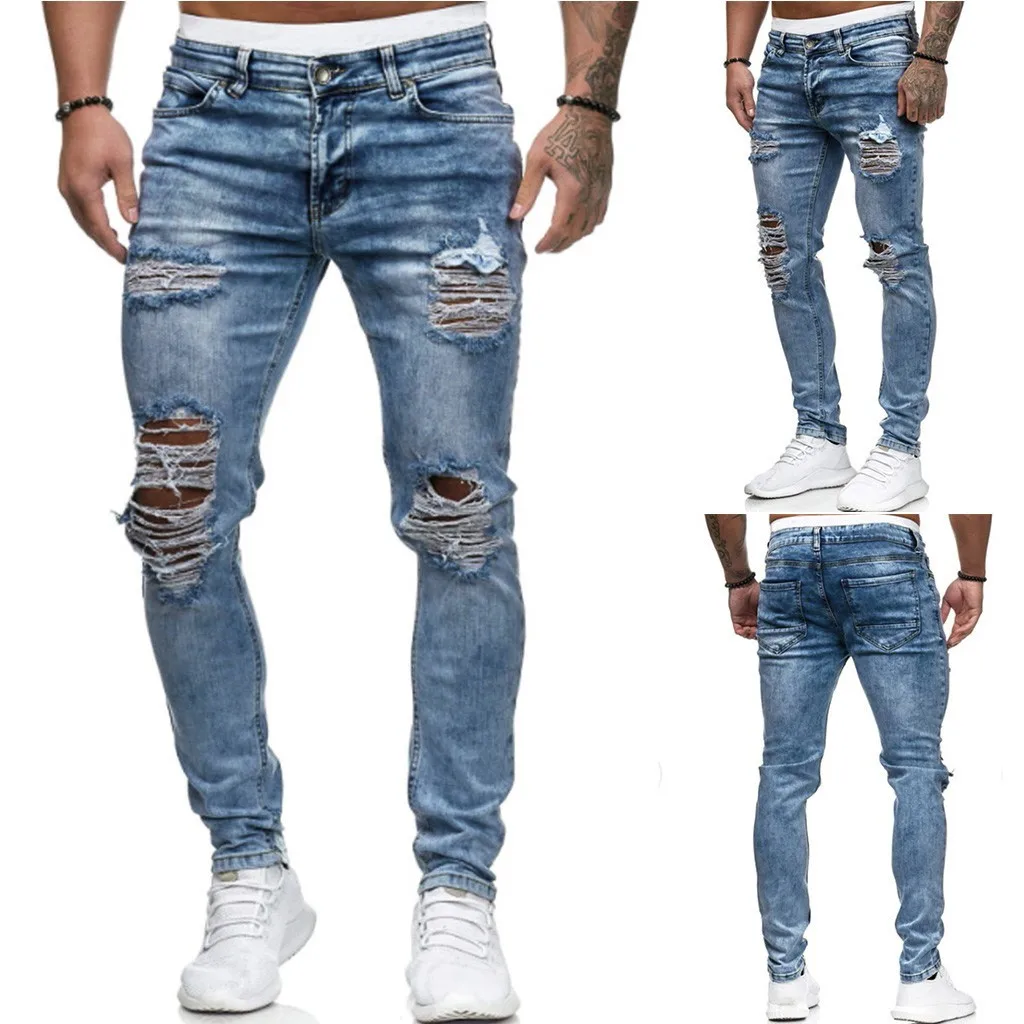 

Fashion Pencil Distressed Pants Long Trouser Men's Hole Denim Jeans Streetwear Men's pants