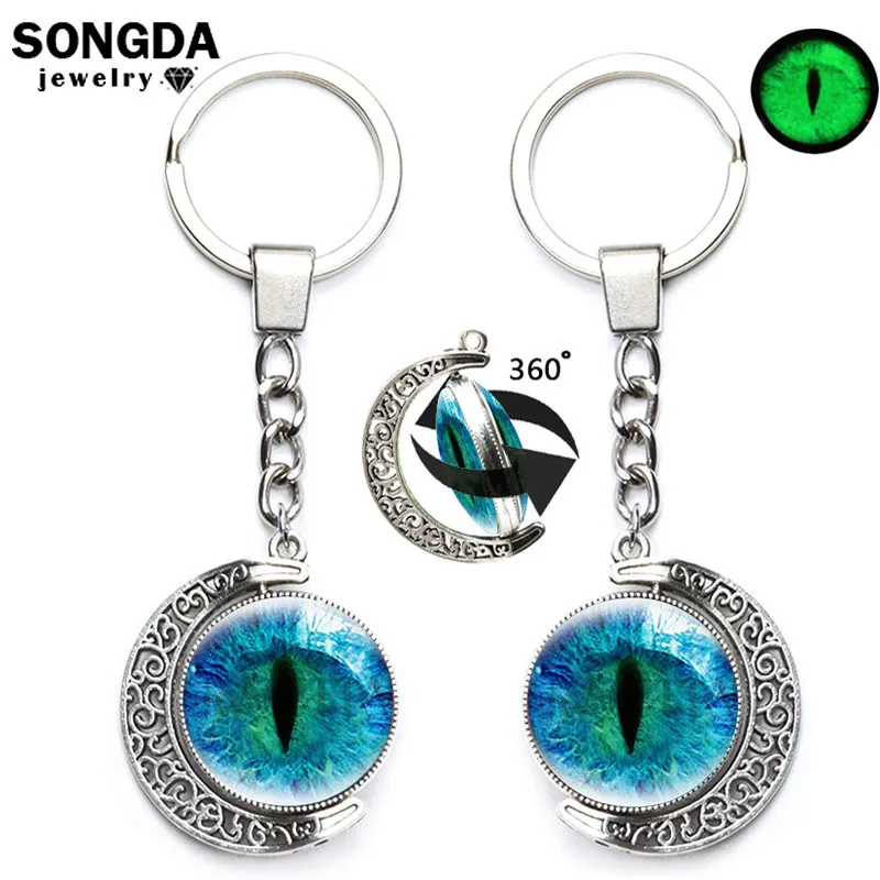 

Luminous Dragon Eyes Keychain Evil Eye Round Clear 360 Degrees Rotated Moon Double Sided Glass Pendant Keyring Men Women Jewelry