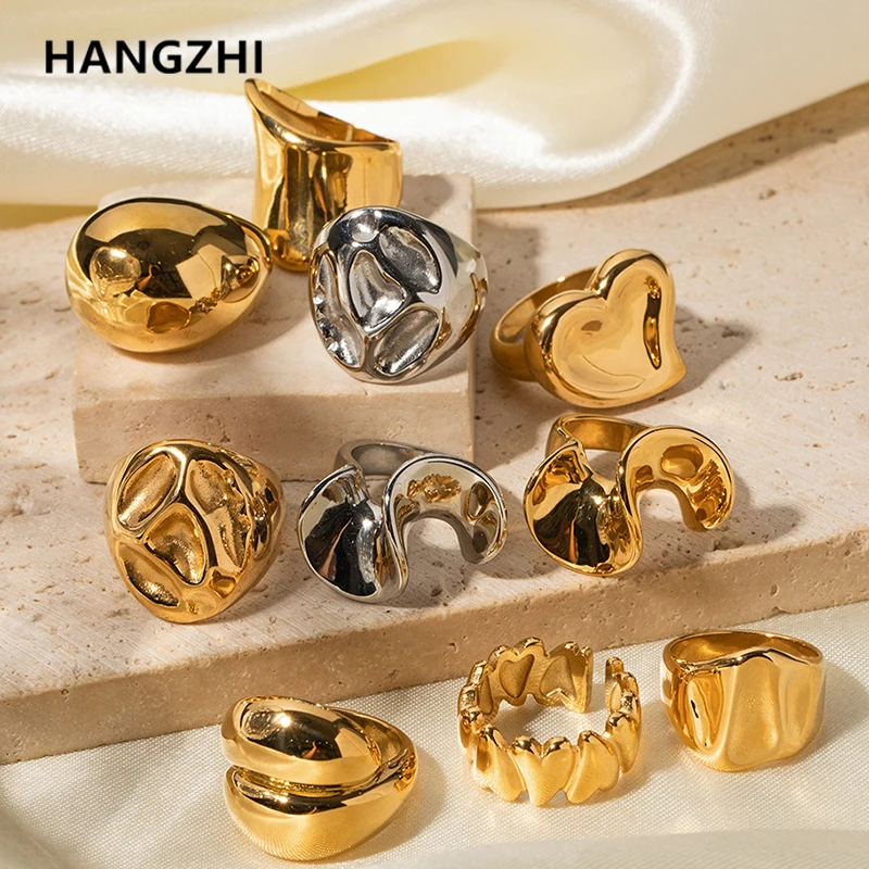 

HangZhi Exaggerated Stainless Steel Chunky Rings for Women Men Unisex Vintage Heart Wrinkle Geometric Jewelry 2023 New Design