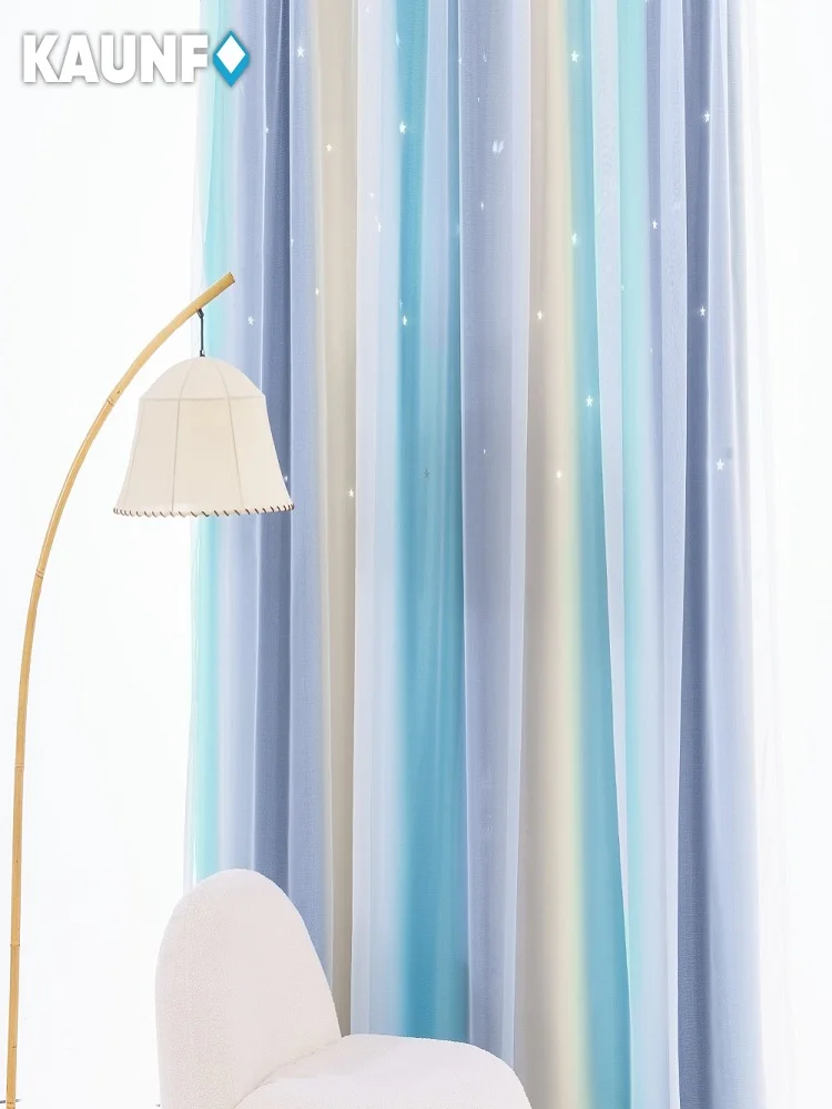 

KAUNFO Net red gradient hollow star blackout curtain bedroom hook type ins light luxury bay window single layer blackout cloth