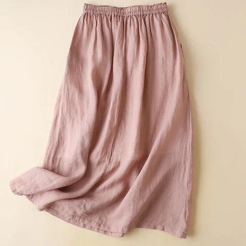 Elegant Embroidery Long Skirts Women Retro Literary Cotton Linen Skirt Female Casual Loose Elastic Waist A Line Skirts
