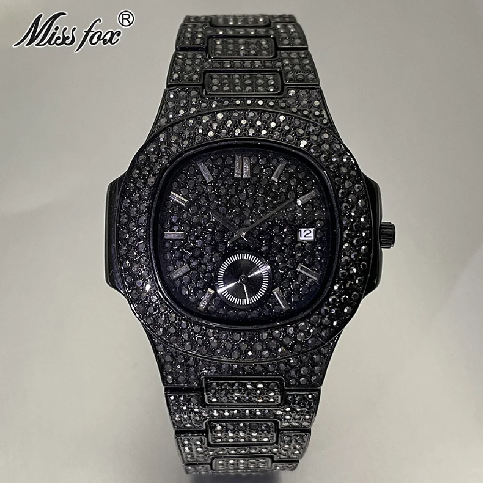 

New Black Watch For Men Luxury Iced Out Moissanite Steel Clocks Automatic Date Fashion Brand Quartz Wristwatches Free Shipping