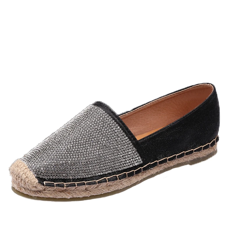 Hemp Rope Rhinestone Women Fisherman Shoes Pu Leather Loafers Silver Black Ladies Moccasin Shiny  Flats Zapatillas Mujer 43