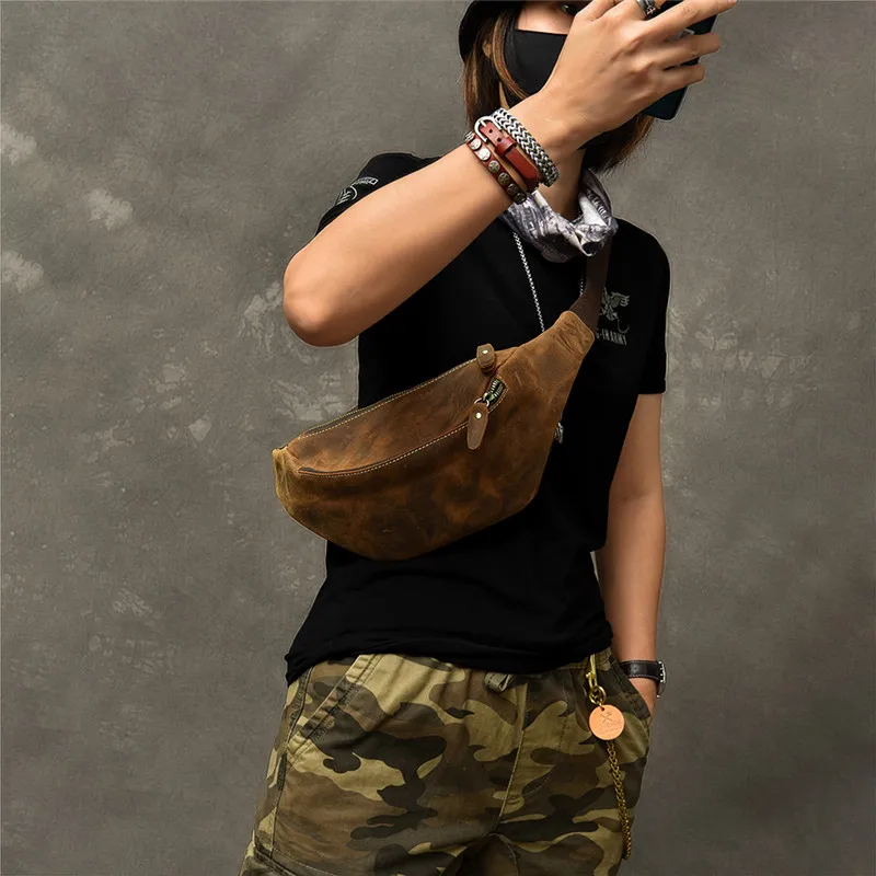 Vintage crazy horse cowhide men's chest bag simple casual genuine leather crossbody bag waist pack outdoor daily light fanny bag