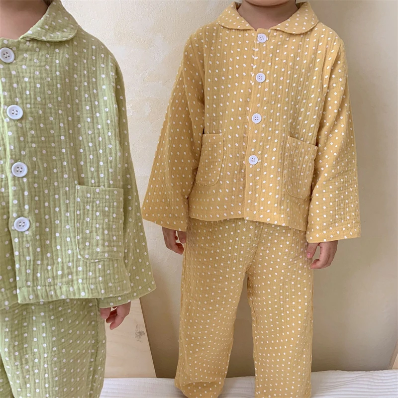 

Kids Clothes Girls Loungewear Spring Cotton Yarn Polka Dot Boy Pajama Suit for Babies Casual Solid Young Children's Clothing