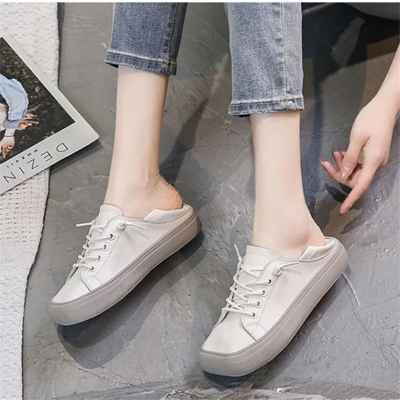 

2022 Autumn Genuine Leather Women's Sneakers Casual Shoes Female Ballet Flats Lace Up White Sneakers Female Zapatillas Mujer