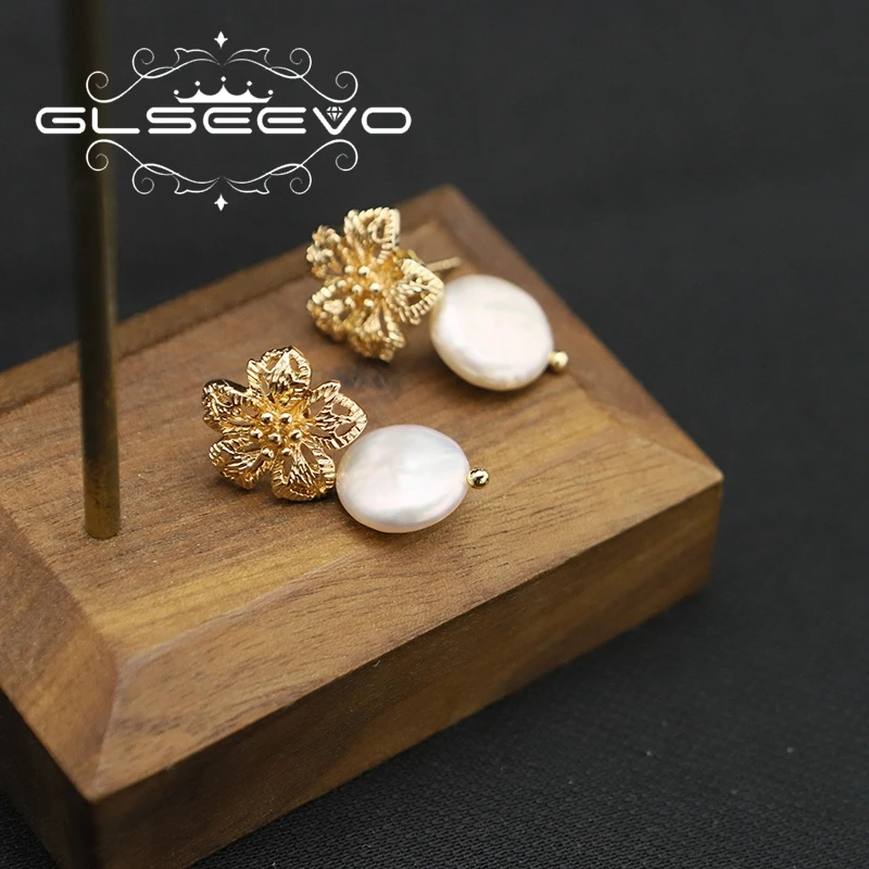 Модные полые металлические цветы GLSEEVO барокко жемчуг женские серьги-подвески
