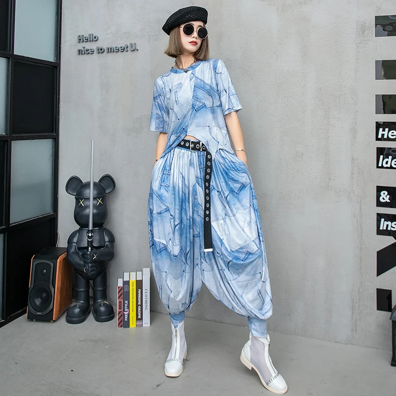 

Футболка с коротким рукавом и шаровары Lrregular, женский летний комплект из двух предметов, мешковатые уличные брюки в стиле хип-хоп длиной до щиколотки с эластичным поясом