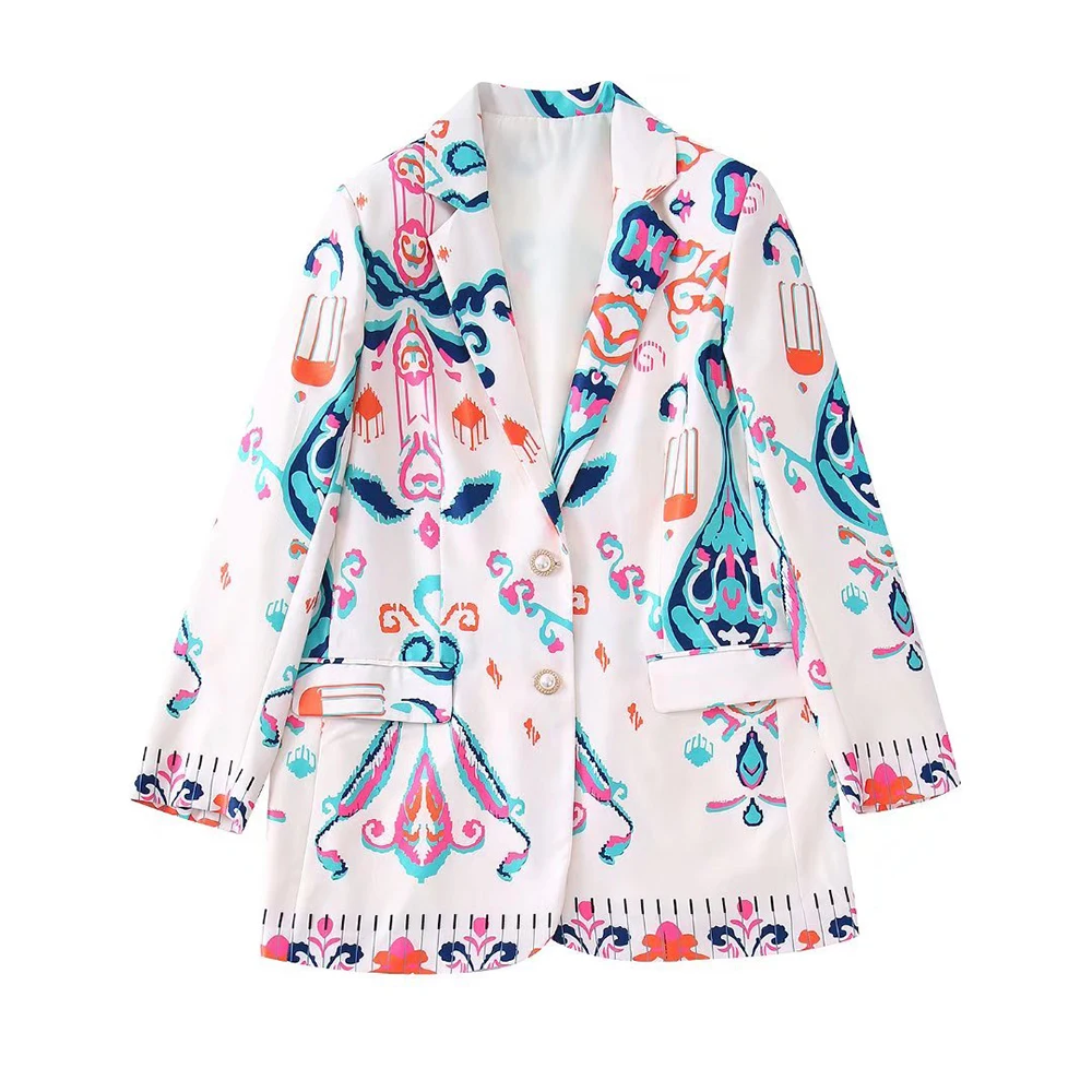 

New women's fashion positioning printed lapel single breasted flip pocket decoration long sleeve suit jacket retro casual person