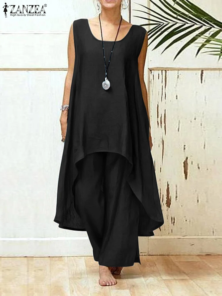 

Stylish Woman Spring Matching Sets ZANZEA 2022 High Low Sleeveless Tops and Elastic Waist Pants Female Solid Cotton 2PCS Pants
