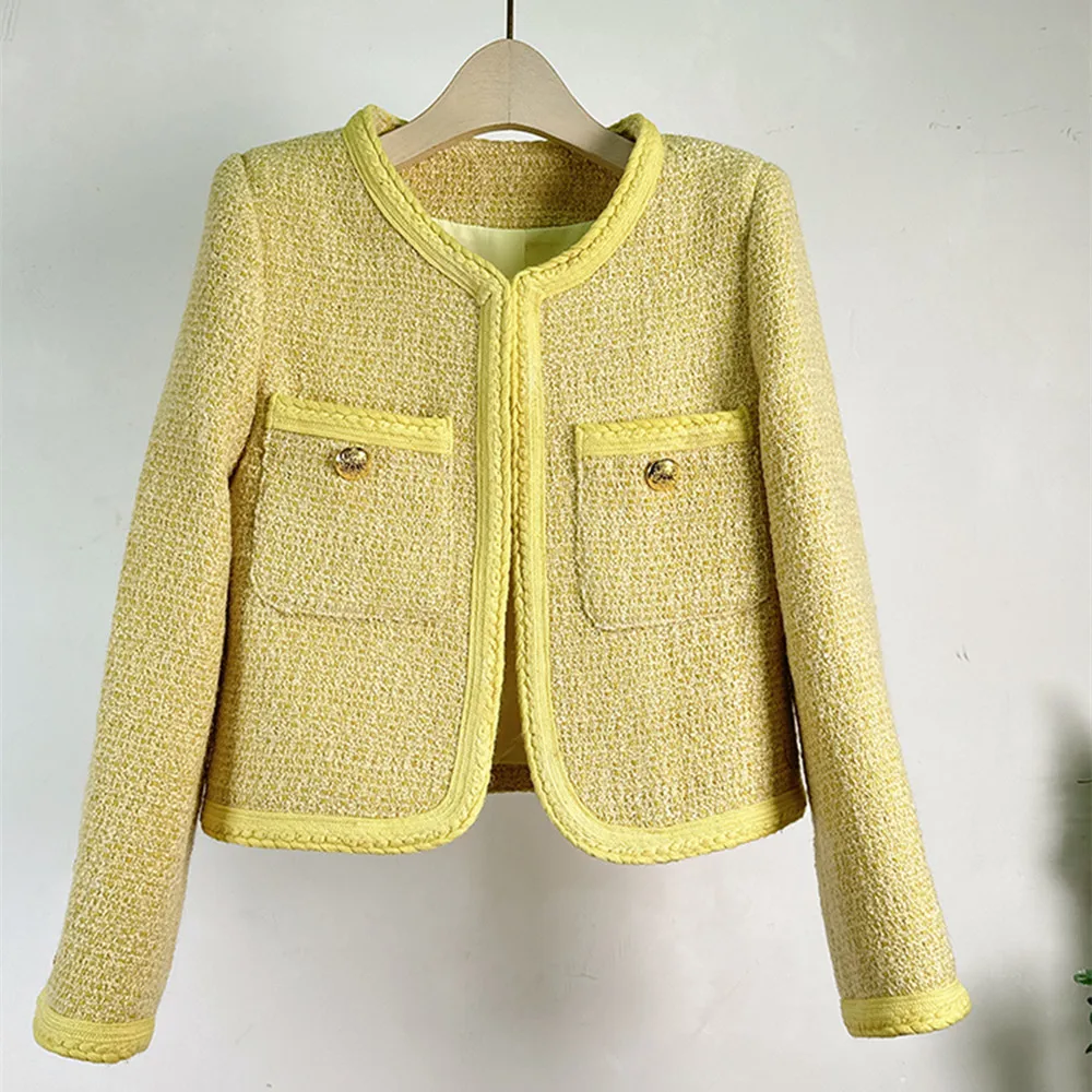 Fashion Top Quality Yellow Tweed Jacket For Women 2023 O-Neck Elegant High Waist Outerwear Lady Autumn