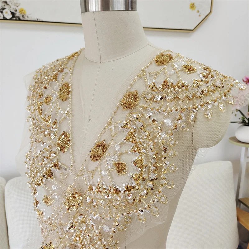 1 ярд Роскошная золотая вышивка Цветочная кружевная отделка нашивки для одежды