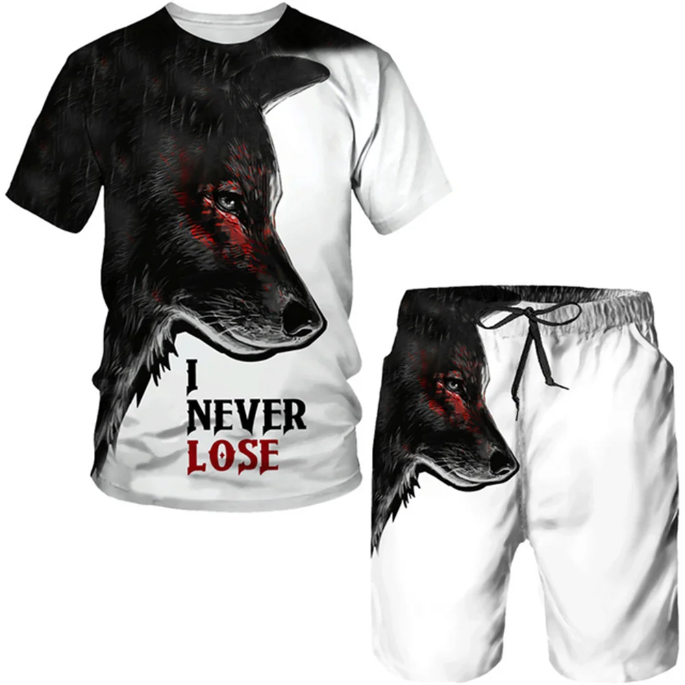 Summer Fashion Men 2-piece Sportswear 3D Wolf Print Loose Shorts Men Clothing Latest Breathable Oversized Summer T-shirt Suit