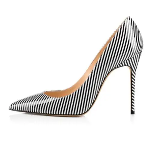 

Patent Leather Black And White Stripes Shallow Slip On Party Pumps Woman Sexy Pointed Toe High Heels Banquet Dress Shoes