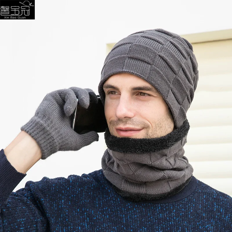

9550 European and American winter cross-border hat collar gloves three-piece plus velvet knit men Outdoor warm sleeves