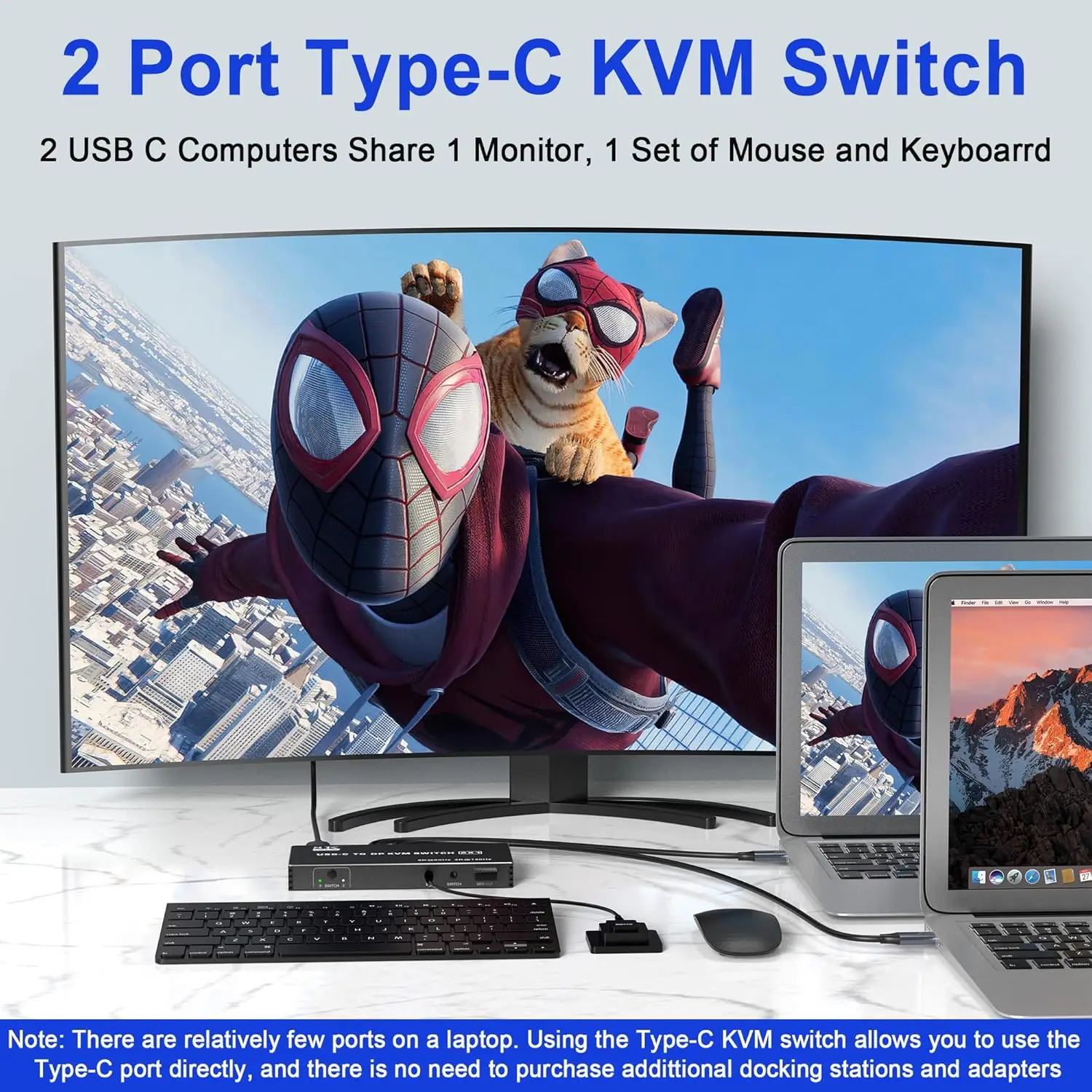 Квм-переключатель типа C 2x1 4K 60 Гц USB к HDMI KVM-переключатель 2 в 1 выход