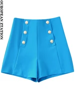 pailete women 2022 fashion with golden buttons bermuda shorts vintage high waist side zipper female short pants mujer