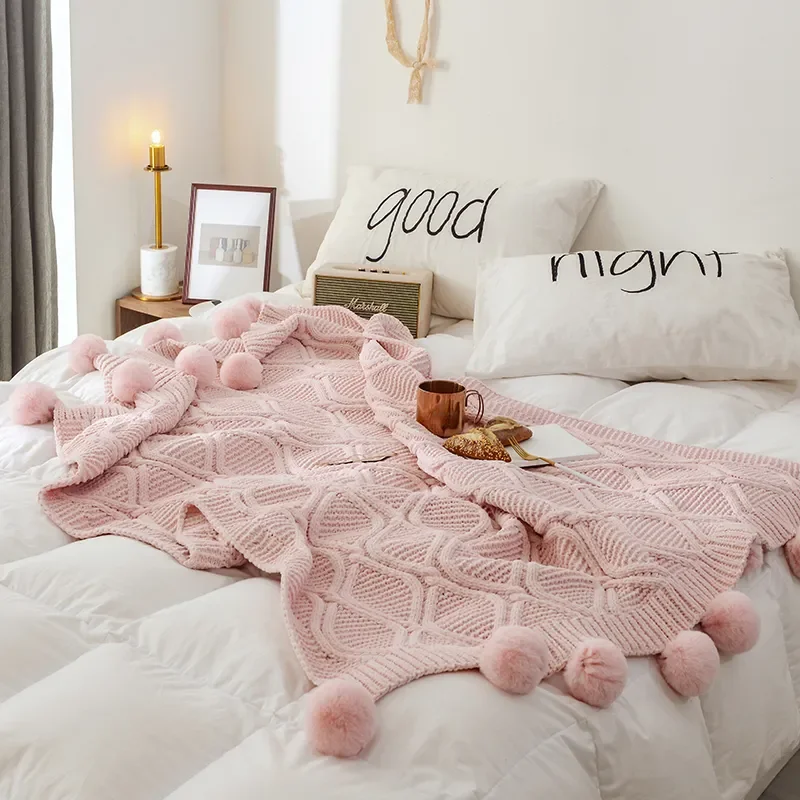 

Chic Knitted Blanket With Balls Chenille Crochet Warm Bedspread Pink Throw Blankets for Bed Sofa P