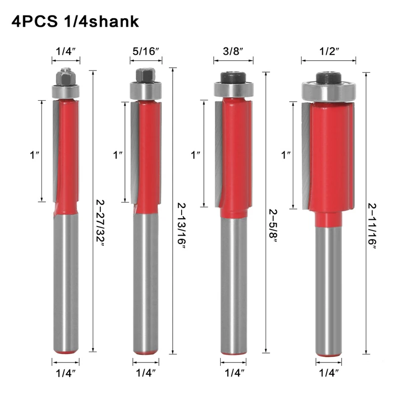 

End Bit Milling Shank For Trim 4pcs Woodworking Double Wood Trimming Cutter Bearing 6/6.35mm Router Straight Flush Cutters Mill