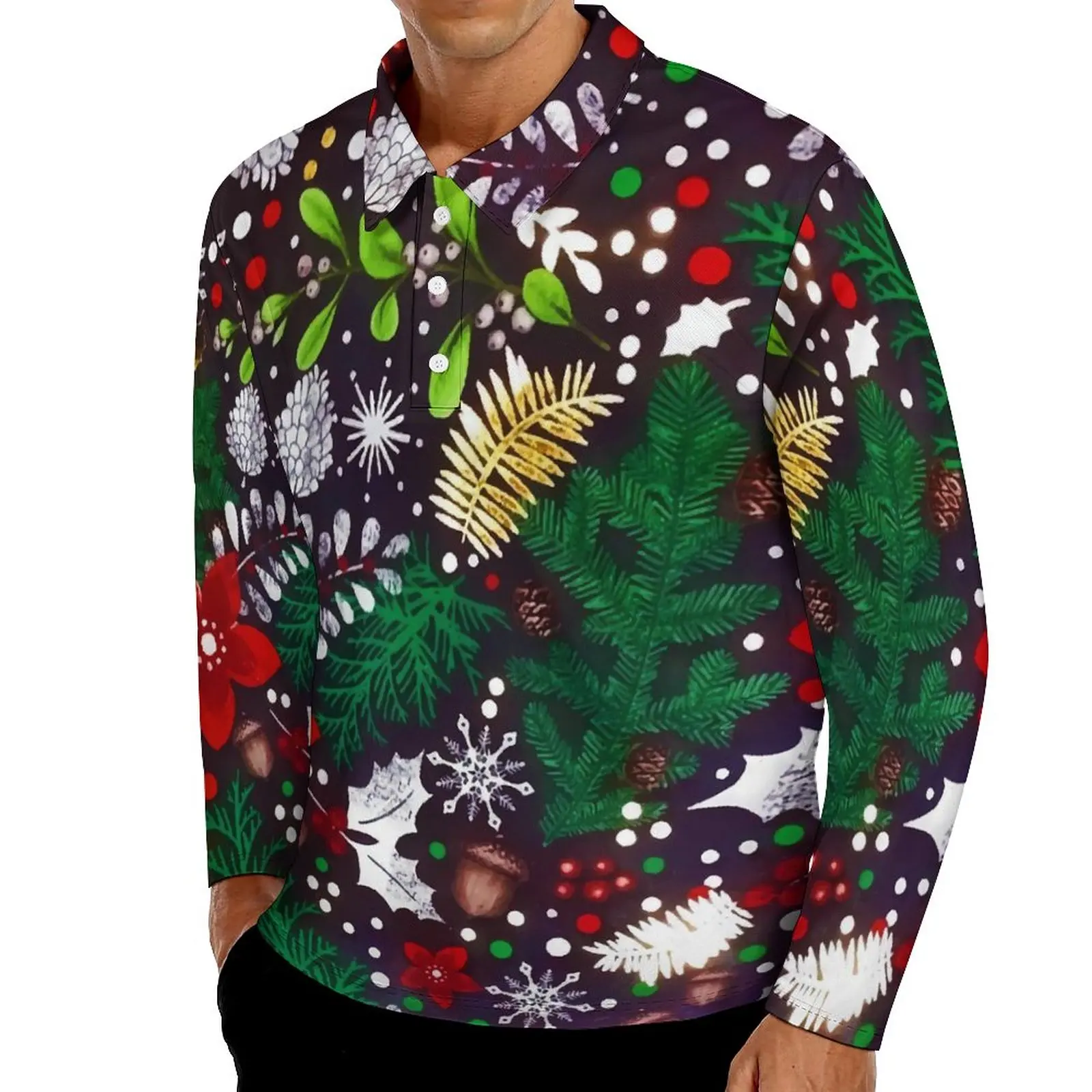 

Pine Cones Casual T-Shirts Male Vintage Christmas Long Sleeve Polo Shirts Turn Down Collar Street Style Spring Pattern Shirt