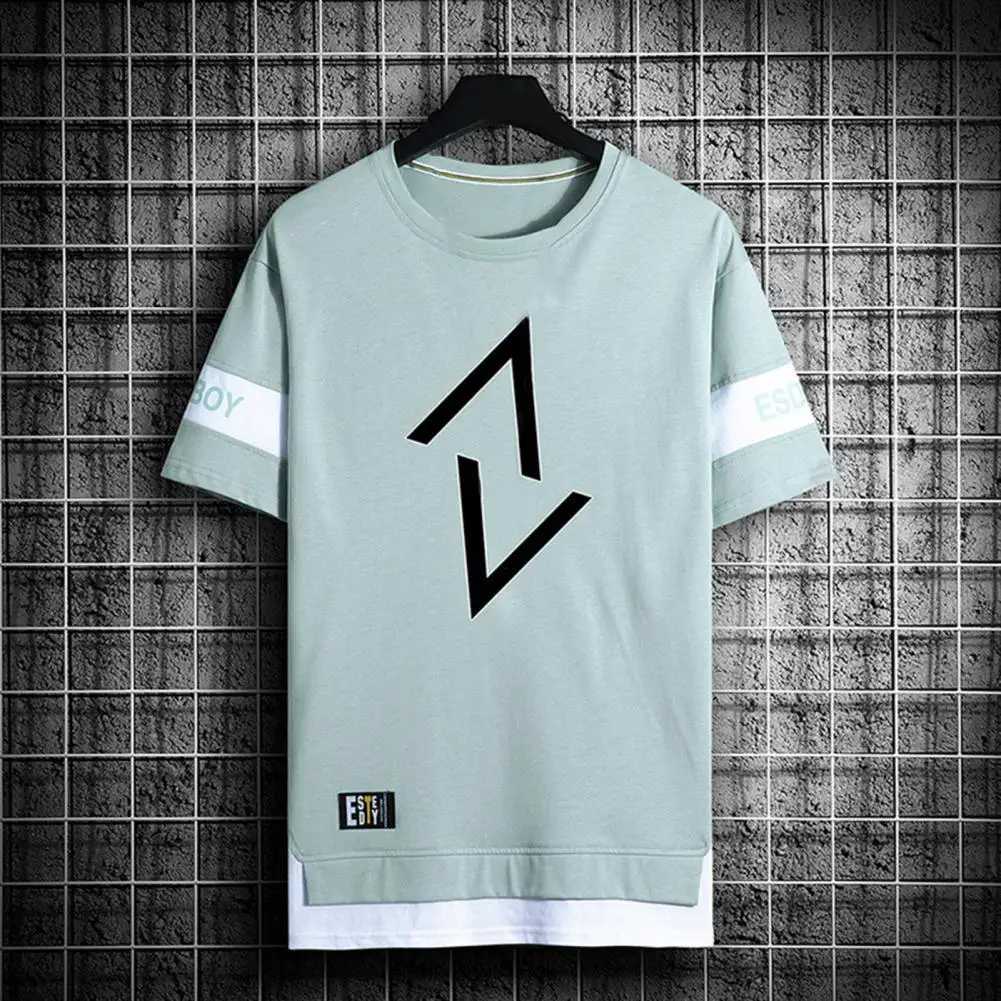 

Men T-shirt Letter Print O Neck Young Style Loose Irregular Hem Short Sleeve Summer Top Daily Clothes