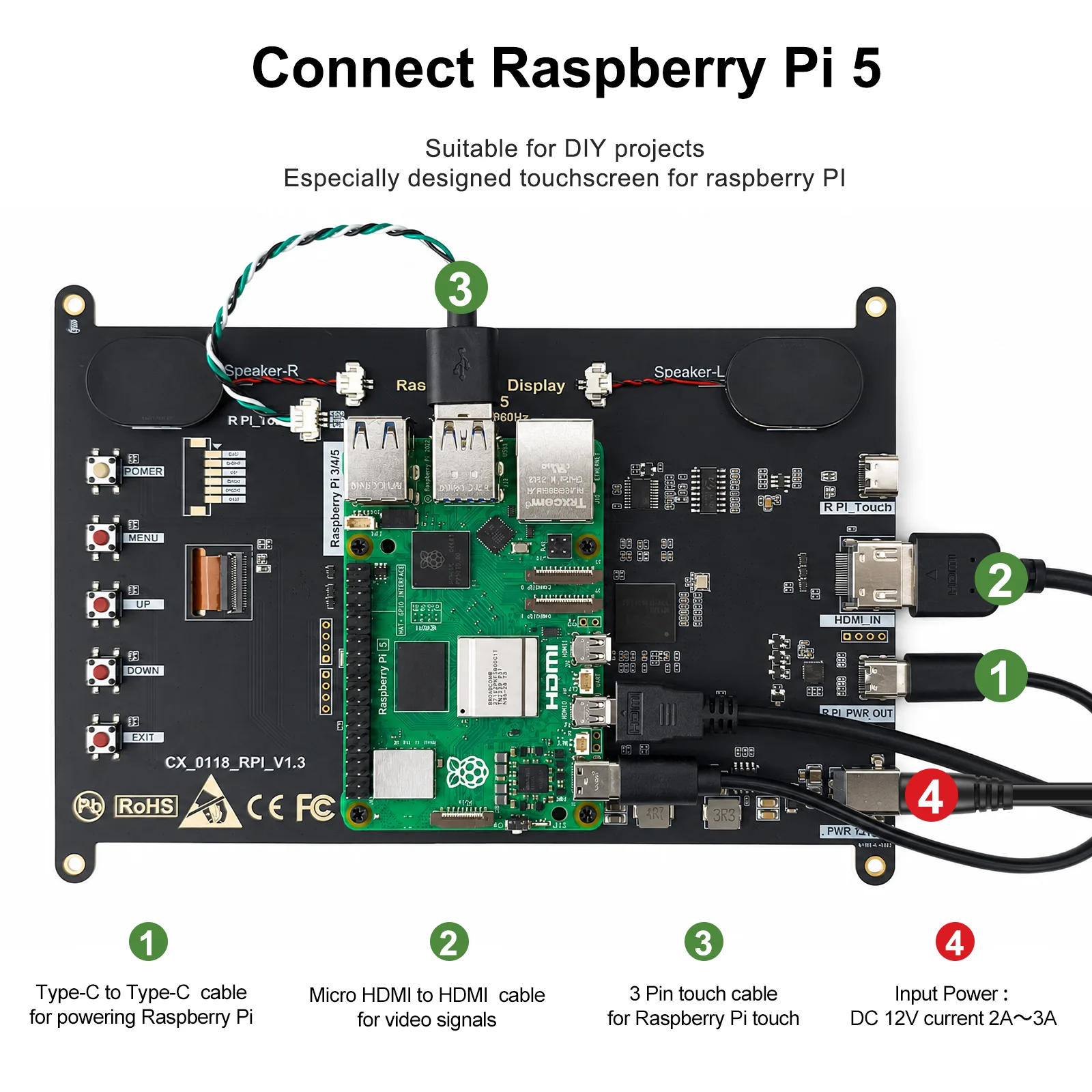 Фото Сенсорный монитор WonTim 7/8 дюймов для Raspberry Pi 5, 1920x1200 IPS, со встроенным динамиком, 4 USB, HDMI, Type-C, промышленный портативный дисплей, 4 отверстия M3 №5