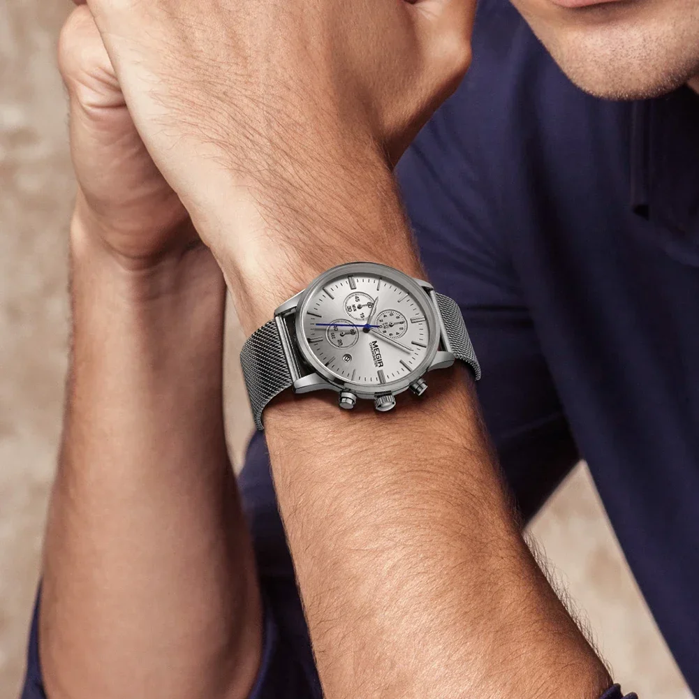 MEGIR кварцевые часы для мужчин наручные из нержавеющей стали роскошные деловые