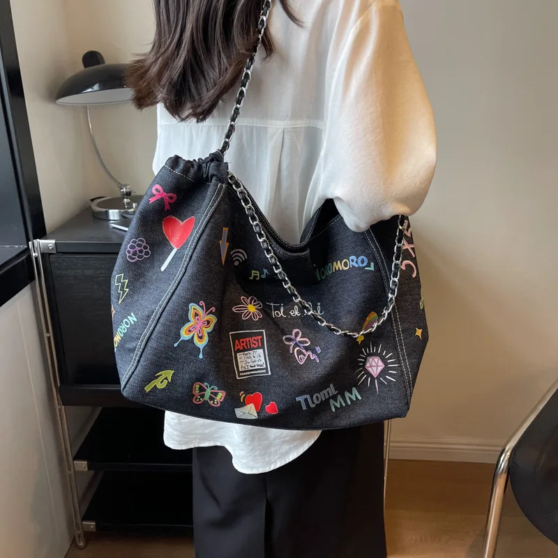 Casual Commuting Printed Graffiti Tote Bag Large Capacity Denim Shoulder Bags Fashion Chain Crossbody Satchel Shopping Storage