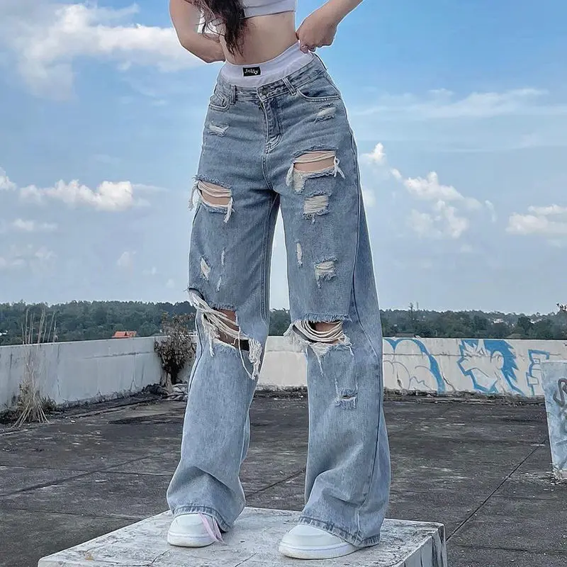 

Distressed Ripped Hole Wide Leg Jeans Women Y2K Straight Mom Denim Trousers Vintage Grunge Pants Chic Streetwear Casual Jeans