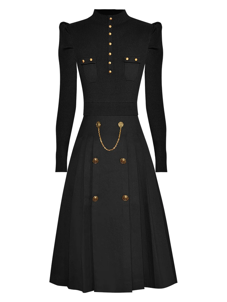 

Runway Spring Autumn Women's New Designer High Quality Casual Party Celebrity Elegant Slim Button Knit Patchwork Black Dress