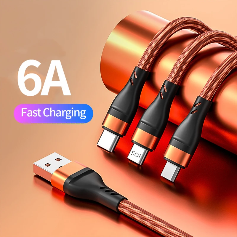 3 in1 Fast USB Charger Cable for iPhone 12 11 Charging Cable Micro USB Type-C Phone Charger Wire Cable For Xiaomi Huawei Samsung