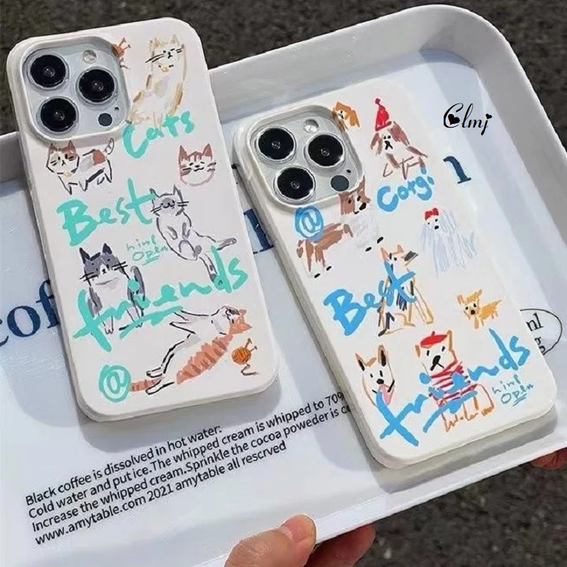 

Clmj Vintage Cute Cat Dog Animal Phone Case For iPhone 13 Pro 14 Plus 12 Mini 11 7 8 XS Max X XR Se 2020 Silicone iPhone Cover